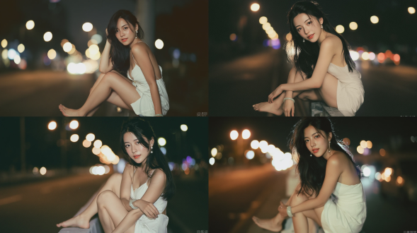 夜间人像摄影，美丽的20多岁东亚年轻女性，半扎高颅顶长卷发乌黑亮丽，清透淡雅日常妆容，珊瑚红唇，身穿极简白色吊带短裙，光脚蹲在都市路边的护栏上，一只脚搭在护栏上，温柔地看向镜头，佩戴小巧珍珠耳环，手腕上戴着浅翡翠玉镯，背景是午夜昏暗寂静的城市街道，强虚化效果的圆形发光路灯和车辆光斑，头发上柔和的侧逆光，细腻的35mm胶片颗粒感，f/1.4光圈85mm定焦镜头拍摄，柔焦朦胧氛围，低饱和冷暖混合色调，细腻自然的皮肤质感，柔和的电影感情绪。避免 ai 美女脸、低质量、模糊、扭曲、多余肢体、多余手指、畸形特征、过度、不足、噪点、粗糙皮肤、肤色暗沉、表情僵硬、过度平滑、塑料质感、水印、文字、边框、过度精修、塑料皮肤、暗沉肤色、明显痘印、明显皱纹、斑点、面部变形。