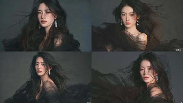 超写实精美肖像摄影，一位美丽的东亚年轻女性，长发柔软波浪黑发，发丝飘动，自然精致的淡妆，闪耀的钻石银色水滴耳环，身体被多层半透明黑色薄纱包裹和缠绕，部分遮挡身体，柔和的伦勃朗侧光，梦幻朦胧的边缘，深色哑光纹理炭灰色工作室背景，电影般黑暗优雅的氛围，超精细写实皮肤质感，使用哈苏x2d相机拍摄，f/1.8光圈，8k分辨率，浅景深，低饱和度高级色彩分级，高端肖像摄影。避免 ai 美女脸、低质量、模糊、扭曲、多余肢体、多余手指、畸形特征、过度、不足、噪点、粗糙皮肤、肤色暗沉、表情僵硬、过度平滑、塑料质感、水印、文字、边框、过度精修、塑料皮肤、暗沉肤色、明显痘印、明显皱纹、斑点、面部变形。