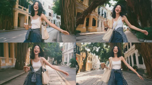 全身中景写实街头摄影，年轻美丽的东亚女性，齐肩黑发，开怀大笑，笑容灿烂，身穿白色修身吊带背心，腰间系着海军蓝白条纹衬衫，深蓝色阔腿牛仔裤，斜挎米白色帆布水桶包，一手拿着带吸管的冰镇外带咖啡，另一只手臂自然伸展，站在老欧式风格租界街道的古旧鹅卵石人行道上，背景是复古黄白相间的殖民风格别墅，街道两旁茂密的大榕树，柔和漫射的自然光，随意抓拍的街拍，柯达金200胶片质感，柔和的浅景深，轻松慵懒的夏日日常氛围，温暖柔和的哑光色调。 避免 ai 美女脸、低质量、模糊、扭曲、多余肢体、多余手指、畸形特征、过度、不足、噪点、粗糙皮肤、肤色暗沉、表情僵硬、过度平滑、塑料质感、水印、文字、边框、过度精修、塑料皮肤、暗沉肤色、明显痘印、明显皱纹、斑点、面部变形。