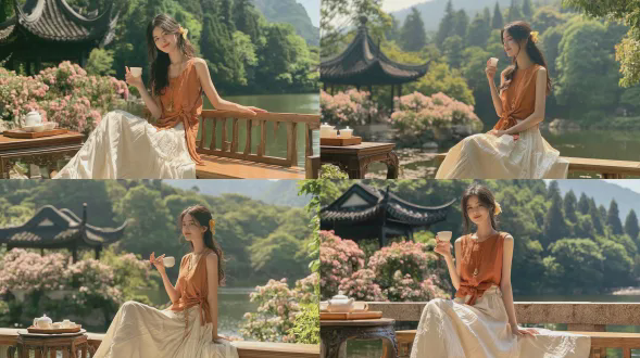 写实摄影，全身照，温柔美丽的年轻东亚女性，甜美微笑，长发低扎，别着黄色小花发夹，身着焦糖橙色无袖上衣，腰部打结设计，搭配奶油白色褶皱飘逸长裙，佩戴精致金色长吊坠项链，右手持白色小瓷茶杯，做出俏皮随意的手势，坐在传统中式私家园林湖边的实木长凳上，前景是复古木质茶桌，上面摆放着整套白瓷茶具置于木质托盘上，背景是古色古香的中国黑色飞檐亭阁，绿宝石般的湖畔盛开着浅粉色玫瑰树，茂密的绿色森林，远处云雾缭绕的山峦，夏日柔和的明亮光线，头发上有自然的轮廓光，清新治愈的氛围，浅景深，自然皮肤质感，柔和胶片色调，高细节8k人像摄影。避免 ai 美女脸、低质量、模糊、扭曲、多余肢体、多余手指、畸形特征、过度、不足、噪点、粗糙皮肤、肤色暗沉、表情僵硬、过度平滑、塑料质感、水印、文字、边框、过度精修、塑料皮肤、暗沉肤色、明显痘印、明显皱纹、斑点、面部变形。