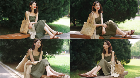全身照，优雅纤细的年轻东亚女性，齐肩栗棕色头发，柔和的红色唇妆，精致纤细的黄金项链，小巧的黄金耳钉，身着合身的橄榄绿吊带中长裙，浅卡其色薄衬衫随意搭在腿上，大号编织纹理草编托特包斜挎于肩，棕色皮革平底凉拖鞋配金色金属扣，坐在路边粗实原木长凳上，双腿轻轻交叉，目光偏向一侧，带着温柔浅笑，背景是虚化的茂密深绿色 foliage 与明亮翠绿草坪公园区域，夏季自然柔和阴天日光，休闲极简日常穿搭美学，真实自然肌肤质感，浅景深，使用索尼 a7m4 50mm f/1.8 镜头拍摄，暖色调柔和，胶片感轻微颗粒。。避免 ai 美女脸、低质量、模糊、扭曲、多余肢体、多余手指、畸形特征、过度、不足、噪点、粗糙皮肤、肤色暗沉、表情僵硬、过度平滑、塑料质感、水印、文字、边框、过度精修、塑料皮肤、暗沉肤色、明显痘印、明显皱纹、斑点、面部变形。