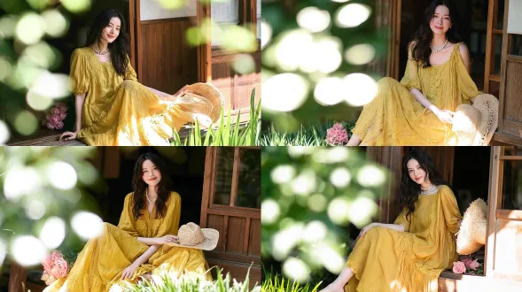商业级时尚杂志人像写真，20岁左右清纯东方女性，深色长波浪卷发，温柔浅笑直视镜头，姜黄色镂空刺绣宽松吊带长款连衣裙，颈间佩戴珍珠碎钻项链，坐在日式老木屋的木质格子推拉窗廊边，双手捧着草编帽，腿边摆放粉色玫瑰花束，前景是大面积柔焦虚化的绿色树叶光斑，底部前景是鲜绿草叶，午后柔和侧逆光，阳光打亮发丝和裙摆，清新治愈日系氛围，浅景深大光圈f1.4，画面通透明亮，肌肤质感自然真实，高清细腻，8k 。避免 ai 美女脸、低质量、模糊、扭曲、多余肢体、多余手指、畸形特征、过度、不足、噪点、粗糙皮肤、肤色暗沉、表情僵硬、过度平滑、塑料质感、水印、文字、边框、过度精修、塑料皮肤、暗沉肤色、明显痘印、明显皱纹、斑点、面部变形。
