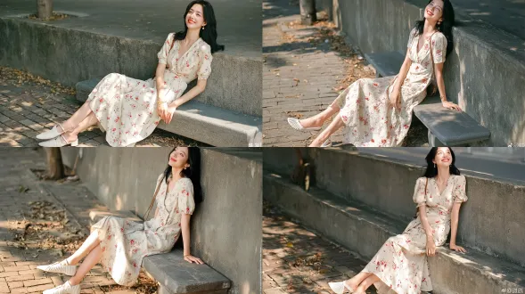 全身肖像照，一位优雅的年轻东亚女性，长发乌黑亮丽，头微微后仰，仰望上方，面带温柔幸福的笑容，身着米白色v领短袖长裙，裙身印有细碎的红粉小花图案，佩戴精致小巧的金色耳环，手腕上戴有细金手镯，脚穿白色低跟褶皱后绊带鞋，肩上斜挎细棕色包带，坐在风化斑驳的灰色混凝土公共长椅上，斜倚着粗糙纹理的混凝土矮墙，地面铺砖，散落几片枯叶，左上角露出一小截树干，午后柔和的逆光洒落，自然柔和的光线，空气清新明亮，浅景深虚化背景，肌肤质感平滑自然，散发随性放松的夏日日常气息，使用50mm f/1.4镜头拍摄，柯达金200胶片，轻微胶片颗粒感，柔和调色处理。避免 ai 美女脸、低质量、模糊、扭曲、多余肢体、多余手指、畸形特征、过度、不足、噪点、粗糙皮肤、肤色暗沉、表情僵硬、过度平滑、塑料质感、水印、文字、边框、过度精修、塑料皮肤、暗沉肤色、明显痘印、明显皱纹、斑点、面部变形。