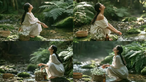 森系治愈写实人像摄影，年轻清透东亚少女，乌黑长发低盘发，身穿米白色宽松亚麻吊带长裙，光脚蹲在林间溪流的青苔岩石上，仰头抬脸望向林间天光，双手轻探流动的清澈溪水，神态安然温柔，脚边摆放藤编小篮装满白色满天星小花，旁侧立着复古琥珀色玻璃瓶，溪流左侧青苔石上放空的竹编小提篮，背景是茂密幽深的原始森林，大片翠绿蕨类植物，溪面散落长满厚苔藓的鹅卵石，林间柔和丁达尔碎光洒下，空气湿润带薄雾，85mm f1.4定焦镜头拍摄，浅景深背景柔化虚化，自然低饱和绿色调，胶片质感，氛围感十足，高清细节。避免 ai 美女脸、低质量、模糊、扭曲、多余肢体、多余手指、畸形特征、过度、不足、噪点、粗糙皮肤、肤色暗沉、表情僵硬、过度平滑、塑料质感、水印、文字、边框、过度精修、塑料皮肤、暗沉肤色、明显痘印、明显皱纹、斑点、面部变形。