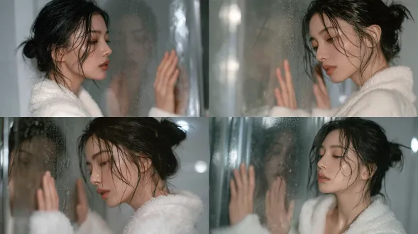 年轻美丽的东亚女性，湿漉漉的深色头发低低挽成松散发髻，几缕湿发贴在脸上，身穿柔软蓬松的白色浴袍，双手轻轻按在布满浓密水雾和细密水珠的磨砂玻璃淋浴墙上，玻璃上隐约映出人物淡淡的柔和倒影，侧脸低头望向一旁，神情平静温柔而淡雅，极简浅灰色浴室内部背景，柔和清冷的漫射自然环境光，低对比度，通透自然的肌肤质感，湿润光泽的头发，电影感人像摄影，85mm f/1.4镜头拍摄，浅景深，宁静柔和治愈的氛围，中近景镜头。避免 ai 美女脸、低质量、模糊、扭曲、多余肢体、多余手指、畸形特征、过度、不足、噪点、粗糙皮肤、肤色暗沉、表情僵硬、过度平滑、塑料质感、水印、文字、边框、过度精修、塑料皮肤、暗沉肤色、明显痘印、明显皱纹、斑点、面部变形。