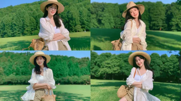 写实旅行人像摄影，温柔美丽的年轻东亚女性，黑色长发，甜美灿烂的笑容，微微歪头，头戴宽檐草帽，身穿宽松白色纽扣衬衫，袖口卷起，内搭白色背心，卡其色休闲短裤，手提编织草编水桶包，双臂交叉，站在郁郁葱葱的绿色公园草坪上，背景是茂密翠绿的高大森林，晴朗明亮的蓝天，温暖自然的夏日阳光，草地上有柔和的阴影，清新治愈的氛围，对焦清晰，自然逼真的皮肤质感，8k高分辨率，浅景深。避免 ai 美女脸、低质量、模糊、扭曲、多余肢体、多余手指、畸形特征、过度、不足、噪点、粗糙皮肤、肤色暗沉、表情僵硬、过度平滑、塑料质感、水印、文字、边框、过度精修、塑料皮肤、暗沉肤色、明显痘印、明显皱纹、斑点、面部变形。
