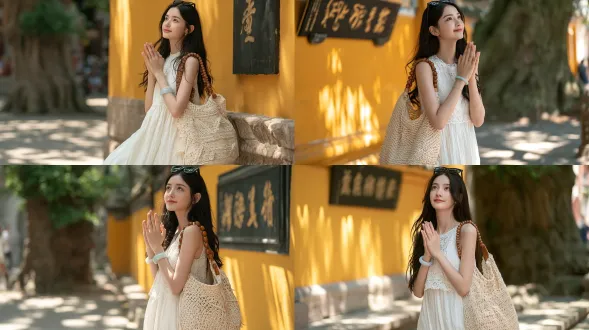 写实人像摄影，温柔年轻的东亚女性，长发柔顺乌黑，黑色墨镜架在头顶，淡雅自然妆容，嘴角带着淡淡的甜美微笑，目光向上仰望，双手合十作祈祷姿态，身穿无袖白色蕾丝短上衣和飘逸长款白色半身裙，手腕戴淡青色翡翠玉镯，肩挎大号米色钩针镂空单肩包，配棕色木珠皮革肩带，站在中国传统佛教寺院明亮的黄色墙壁前，墙上有黑色中文书法匾额，远处背景是模糊的绿色老樟树，夏日午后斑驳的阳光和柔和树影洒落地面，自然漫射日光，索尼a7m4拍摄，85mm f/1.4镜头，浅景深，真实清晰的皮肤质感，清新治愈的氛围，超高细节，8k。避免 ai 美女脸、低质量、模糊、扭曲、多余肢体、多余手指、畸形特征、过度、不足、噪点、粗糙皮肤、肤色暗沉、表情僵硬、过度平滑、塑料质感、水印、文字、边框、过度精修、塑料皮肤、暗沉肤色、明显痘印、明显皱纹、斑点、面部变形。