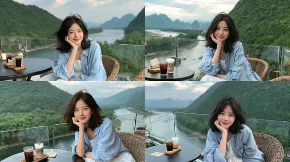 照片级真实人像，美丽的年轻东亚女性，黑色凌乱丸子头发型，温柔甜美的微笑，白皙肌肤，手托腮看向镜头，身着宽松浅蓝色亚麻衬衫外搭白色连衣裙，坐在河畔屋顶咖啡馆的藤椅上，前景是深色圆形咖啡桌，桌上小木托盘放着两杯冰咖啡，一杯冰美式一杯冰拿铁，桌面上放着一张小型纸质卡片，透明玻璃栏杆，背景是桂林喀斯特山景，蜿蜒的漓江，茂密翠绿森林覆盖群山，阴天柔和漫射光，舒适放松的旅行氛围，自然肌肤质感，柔和浅景深，清新淡雅色调，8k超高清细节 。避免 ai 美女脸、低质量、模糊、扭曲、多余肢体、多余手指、畸形特征、过度、不足、噪点、粗糙皮肤、肤色暗沉、表情僵硬、过度平滑、塑料质感、水印、文字、边框、过度精修、塑料皮肤、暗沉肤色、明显痘印、明显皱纹、斑点、面部变形、肢体变形。