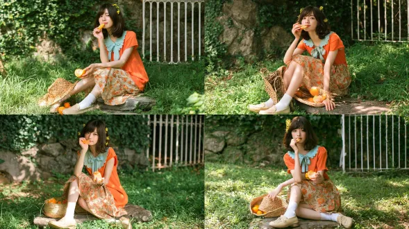 清新夏日日系人像，20岁甜美东亚少女，齐刘海短棕发，发丝别着小黄花，软萌浅笑，坐在杂草丛生的青草地石板上，穿领口带浅蓝色包边蝴蝶结装饰的橙色吊带，橘色系碎花中长裙，白棉袜，浅卡其色勃肯鞋，手肘搭在腿上的草编草帽上，一只手举橙瓣凑到唇边，另一只手拿着半块剥开的橙子，草帽中散落小橙子，周围满是鲜嫩绿植，背景是爬满常春藤的石墙，石墙上方是白色竖条铁艺围栏，树叶漏下柔和斑驳丁达尔光，自然明亮柔光，浅景深，治愈清新氛围，皮肤纹理清晰，胶片写真质感，50mm f1.4镜头拍摄，超写实8k高清。避免 ai 美女脸、低质量、模糊、扭曲、多余肢体、多余手指、畸形特征、过度、不足、噪点、粗糙皮肤、肤色暗沉、表情僵硬、过度平滑、塑料质感、水印、文字、边框、过度精修、塑料皮肤、暗沉肤色、明显痘印、明显皱纹、斑点、面部变形、肢体变形。