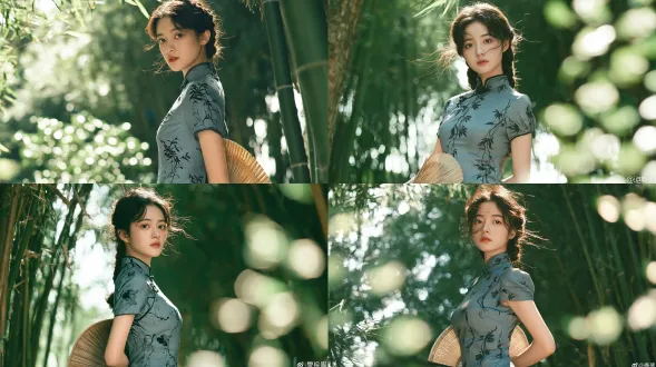 民国风胶片人像，年轻温婉东方少女，蓬松盘发配自然碎发，清透淡妆，身着灰蓝底色带黑色植物藤蔓印花的短袖长旗袍，手背在身后握着原色竹编蒲扇，站在葱郁的翠竹竹林间，柔和树荫自然光，背景虚化圆形绿植光斑，浅景深，柔焦质感，柯达金200胶片拍摄，自然真实皮肤纹理，低饱和清新冷调，画面干净富有氛围感，超高细节。避免 ai 美女脸、低质量、模糊、扭曲、多余肢体、多余手指、畸形特征、过度、不足、噪点、粗糙皮肤、肤色暗沉、表情僵硬、过度平滑、塑料质感、水印、文字、边框、过度精修、塑料皮肤、暗沉肤色、明显痘印、明显皱纹、斑点、面部变形、肢体变形。