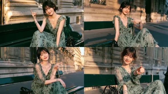 二十多岁美丽甜美的东亚女性逼真肖像，空气刘海搭配低扎凌乱发髻，俏皮地眨着一只眼，温柔浅笑，食指直指镜头，肤白细腻，佩戴精致小巧的黄金吊坠项链和浅灰色细手链，身着鼠尾草绿雪纺深色碎花吊带长裙，坐在巴黎街头的深绿色木质公共长椅上，身旁放着一只小巧的黑色皮革手提包，背景是经典的法国奥斯曼风格石材立面建筑，晴朗的日子里沐浴在温暖柔和的黄金时段阳光下，巴黎街头有少量模糊的汽车和行人，浅景深，自然柔和的侧面光线，随意的旅行摄影风格，细腻的胶片颗粒感，面部清晰对焦，8k超精细画质，使用索尼a7m4搭配50mm f/1.8镜头拍摄，柔和淡雅的色彩基调。 避免 ai 美女脸、低质量、模糊、扭曲、多余肢体、多余手指、畸形特征、过度、不足、噪点、粗糙皮肤、肤色暗沉、表情僵硬、过度平滑、塑料质感、水印、文字、边框、过度精修、塑料皮肤、暗沉肤色、明显痘印、明显皱纹、斑点、面部变形。