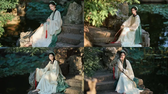 中式古风人像摄影，二十多岁容貌秀美的东亚女子，身着半透明青绿色魏晋风汉服广袖上襦，黑色交领镶边，飘逸雅致的乳白色长裙，光脚，传统古代发髻搭配淡绿色发带束发，坐在中国古典园林池畔粗糙的石阶上，手持带有红色流苏的长柄木水瓢，柔和地望向镜头，静谧的夏日午后，柔和的侧逆光，背景为堆叠的太湖石、翠绿枝叶、散落着睡莲叶的幽深池水，浅景深，柔和散景，细微胶片颗粒，低饱和度清新马卡龙色调，雅致静谧的东方美学，8k超精细画质，索尼a7m4相机，85mm f/1.8镜头拍摄。避免 ai 美女脸、低质量、模糊、扭曲、多余肢体、多余手指、畸形特征、过度、不足、噪点、粗糙皮肤、肤色暗沉、表情僵硬、过度平滑、塑料质感、水印、文字、边框、过度精修、塑料皮肤、暗沉肤色、明显痘印、明显皱纹、斑点、面部变形。