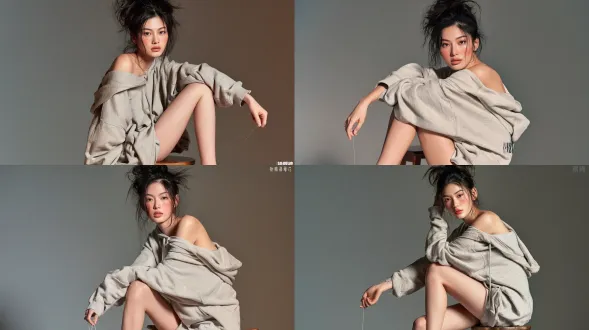 超写实杂志风人像，优雅的年轻东亚女性，凌乱蓬松的深色头发扎成高凌乱丸子头，清透自然妆容搭配桃粉色腮红，身着宽松大码麻灰色连帽卫衣，一侧肩膀滑落，坐在简约低矮木凳上，一只手臂撑在抬起的膝盖上，手轻触发丝，目光柔和悠远带着朦胧感，纯色低饱和度暖灰褐色简约摄影棚背景，柔和漫射的棚侧光源，微弱柔和的轮廓光，顺滑自然的皮肤质感，柔和低饱和色彩色调，使用85mm f/1.4人像镜头拍摄，索尼a7m4相机，高分辨率，细节丰富，柔和散景。避免 ai 美女脸、低质量、模糊、肢体扭曲、多余肢体、多余手指、畸形特征、曝光过度、曝光不足、噪点、粗糙皮肤、肤色暗沉、表情僵硬、过度平滑、塑料质感、水印、文字、边框、过度精修、塑料皮肤、暗沉肤色、明显痘印、明显皱纹、斑点、面部变形、肢体变形。