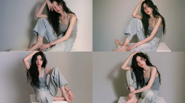 全身肖像，优雅的年轻东亚女性，凌乱松散的黑色长波浪卷发，清冷精致的五官，抬起的手臂轻轻遮住半张脸，坐在纯白色低矮台面上，背景为柔和浅灰色墙面，身着修身灰色细吊带上衣，水洗浅蓝色宽松阔腿牛仔裤，赤足，叠戴多条细银项链，细小红绳手链，细银手镯，银戒指，松弛随性的姿态，一侧膝盖向上弯曲，手肘搭在膝盖上，一只手轻触头顶，另一只手搭在脚踝处，柔和的影棚侧光，真实自然的皮肤质感，极简人像摄影，低饱和度柔和色调，淡淡的细腻胶片颗粒质感，干净利落的构图，佳能r5拍摄，85mm f/1.4镜头，浅景深。避免 ai 美女脸、低质量、模糊、肢体扭曲、多余肢体、多余手指、畸形特征、曝光过度、曝光不足、噪点、粗糙皮肤、肤色暗沉、表情僵硬、过度平滑、塑料质感、水印、文字、边框、过度精修、塑料皮肤、暗沉肤色、明显痘印、明显皱纹、斑点、面部变形、肢体变形。
