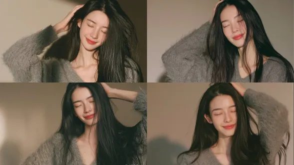 温柔年轻东亚女性，乌黑顺滑超长直发，闭着双眼，面带柔和浅笑，一只手抬起轻轻抓挠头顶头发，穿着软糯杂灰色v领针织毛衣，背景是干净低饱和暖米色墙面，柔和侧方自然光，暖调低饱和色调，柯达金200复古胶片人像，85mm f1.4定焦镜头，浅景深，轻微自然胶片颗粒，皮肤质感通透细腻，慵懒居家氛围感，柔焦边缘，高清人像摄影。避免 ai 美女脸、低质量、模糊、肢体扭曲、多余肢体、多余手指、畸形特征、曝光过度、曝光不足、噪点、粗糙皮肤、肤色暗沉、表情僵硬、过度平滑、塑料质感、水印、文字、边框、过度精修、塑料皮肤、暗沉肤色、明显痘印、明显皱纹、斑点、面部变形、肢体变形。