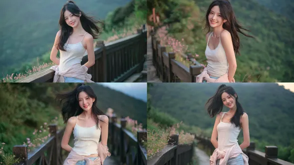 人像摄影，20岁清纯东亚少女，乌黑长发半扎高马尾自然扬起，甜美露齿治愈笑容，眼神灵动柔和，皮肤白皙通透有自然肌理，身着修身褶皱白色吊带背心，浅粉色薄款外套系在腰腹位置，浅蓝色修身牛仔短裤，双手背在身后，歪头望向镜头，站在山林景区观景步道上，身旁是深色实木护栏，步道边缘点缀细碎粉红花植，背景虚化的苍翠山林绿植，傍晚雾感柔和漫射自然光，柔焦散景效果，使用85mm f/1.4定焦镜头拍摄，浅景深，清新低饱和冷调，生活化写实氛围感，超高清细节丰富，8k 。避免 ai 美女脸、低质量、模糊、肢体扭曲、多余肢体、多余手指、畸形特征、曝光过度、曝光不足、噪点、粗糙皮肤、肤色暗沉、表情僵硬、过度平滑、塑料质感、水印、文字、边框、过度精修、塑料皮肤、暗沉肤色、明显痘印、明显皱纹、斑点、面部变形、肢体变形。