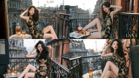 写实人像摄影，面容精致的年轻东亚女性，蓬松黑色长卷发，复古红唇，佩戴细金手链与小巧耳饰，身着黑底金色花卉烫金挂脖紧身短裙，慵懒侧坐于上海老式石库门建筑的铁艺阳台座椅上，一只手搭在头后方，长腿交叠，阳台小圆桌上摆放威士忌酒瓶、盛有琥珀色酒液的玻璃杯、印着老上海街景的印刷画册，背景是上海外滩复古红砖历史建筑，远处朦胧露出东方明珠塔轮廓，淡雾傍晚柔和自然光，侧逆光，85mm f1.4大光圈镜头，浅景深背景虚化，皮肤质感通透自然，高级都市复古氛围感，画面细腻高清，人像构图舒适。避免 ai 美女脸、低质量、模糊、肢体扭曲、多余肢体、多余手指、畸形特征、曝光过度、曝光不足、噪点、粗糙皮肤、肤色暗沉、表情僵硬、过度平滑、塑料质感、水印、文字、边框、过度精修、塑料皮肤、暗沉肤色、明显痘印、明显皱纹、斑点、面部变形、肢体变形。