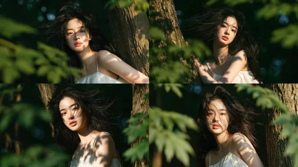 写实人像，年轻貌美的东亚女性，凌乱黑色长发在风中轻轻飘动，清新自然的淡妆，桃橙色调唇釉，身着宽松亚麻白色细肩带连衣裙，倚靠在纹理粗糙的树干上，盛夏密林场景拍摄，前景虚化的绿色树叶散景框住画面，黄金时刻侧逆光，斑驳阳光与树影洒落在她的肩膀与肌肤上，暗沉氛围感柔和绿色虚化背景，浅景深效果，85mm f/1.4镜头拍摄，富士xt4相机，自然柔和细腻的皮肤质感，电影感细微胶片颗粒，梦幻空灵氛围，超高细节，8k。避免 ai 美女脸、低质量、模糊、肢体扭曲、多余肢体、多余手指、畸形特征、曝光过度、曝光不足、噪点、粗糙皮肤、肤色暗沉、表情僵硬、过度平滑、塑料质感、水印、文字、边框、过度精修、塑料皮肤、暗沉肤色、明显痘印、明显皱纹、斑点、面部变形、肢体变形。