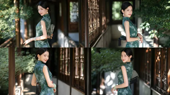 写实人像，优雅的年轻东亚女性，乌黑顺滑的头发梳成整洁低发髻，温婉浅笑，回眸回望，佩戴长款水滴珍珠耳饰，身着修身无袖墨绿色旗袍，旗袍饰有浅蓝色花卉纹样，手腕佩戴淡绿色玉镯，将带有黑色小流苏的折扇藏于身后，红色美甲，伫立在中国传统苏州园林的木廊之中，明亮柔和的自然日光，地面散落斑驳光影，背景为虚化的翠绿枝叶与古朴木格窗棂，浅景深，85毫米 f/1.4镜头拍摄，超高细节，柔和真实的肌肤质感，静谧东方美学，自然柔和的色彩调校。避免 ai 美女脸、低质量、模糊、肢体扭曲、多余肢体、多余手指、畸形特征、曝光过度、曝光不足、噪点、粗糙皮肤、肤色暗沉、表情僵硬、过度平滑、塑料质感、水印、文字、边框、过度精修、塑料皮肤、暗沉肤色、明显痘印、明显皱纹、斑点、面部变形、肢体变形。