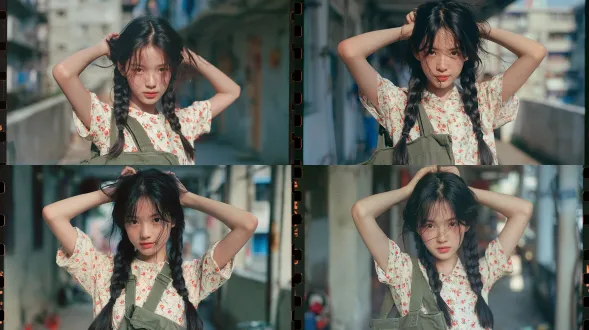 1名女孩，年轻可爱的东亚少女，乌黑长发扎成两条粗麻花辫，双手举至额头整理刘海，神态恬静柔和，身着印有小红花图案的米白色上衣，橄榄绿色帆布单肩包，站在90年代老旧混凝土居民楼的室外走道，朦胧柔和的自然日光，35毫米柯达金200胶片照片，强烈散景虚化背景，细腻胶片颗粒，画面边缘带有复古胶片齿孔，低饱和温暖怀旧色调，柔焦效果，中全景，人像摄影。避免 ai 美女脸、低质量、模糊、肢体扭曲、多余肢体、多余手指、畸形特征、过度、不足、噪点、粗糙皮肤、肤色暗沉、表情僵硬、过度平滑、塑料质感、水印、文字、边框、过度精修、塑料皮肤、暗沉肤色、明显痘印、明显皱纹、斑点、面部变形。