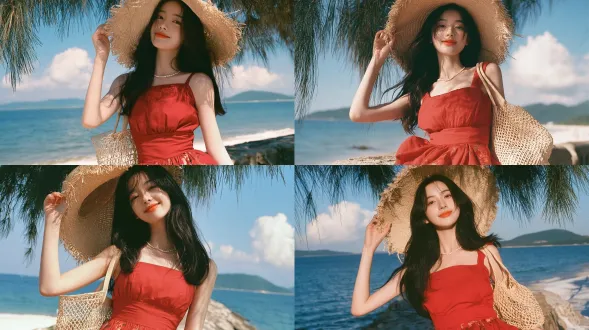 胶片人像，年轻甜美的东亚少女，黑长直秀发，白皙通透皮肤，橘调红唇，仰头露出清甜笑容，双手扶着边缘毛边的大檐拉菲草帽，脖颈佩戴细珍珠项链，身穿正红色抹胸收腰花苞短连衣裙，单肩挎着镂空草编托特包，站在海边石砌护堤上，画面上方垂落的松树枝条，背景是澄澈蓝海、奶白沙滩、远处朦胧青黛色山峦、飘着白云的晴朗蓝天，明亮正午暖光，柯达金200胶片质感，自然细腻皮肤纹理，夏日海边治愈氛围感，背景轻微虚化，高画质，复古清新调色 。 避免 ai 美女脸、低质量、模糊、肢体扭曲、多余肢体、多余手指、畸形特征、曝光过度、曝光不足、噪点、粗糙皮肤、肤色暗沉、表情僵硬、过度平滑、塑料质感、水印、文字、边框、过度精修、塑料皮肤、暗沉肤色、明显痘印、明显皱纹、斑点、面部变形、肢体变形。