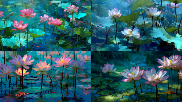 夏至荷塘，荷花盛开，鱼儿游动，蜻蜓停驻，后现代绘画风格，唯美大气，精致细腻，线条分明，高饱和度，广角镜头，自然光，水面倒影，微距细节，柔和阴影，对称构图，蓝绿色调，宁静祥和，生动活泼，光影交错