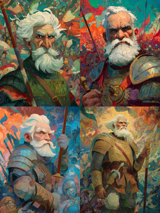 "伟大战役，卡通老人插画风格，全身像，白发长须，坚毅眼神，古老铠甲，手持权杖，背景战火纷飞，色彩鲜艳，高级质感，细腻纹路，暖光与冷色对比，象征性元素，动态构图，油画笔触，高饱和度，深邃寓意，英雄气概，史诗感。"