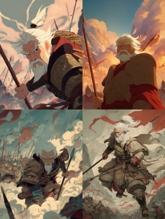"伟大战役，国风卡通风格，白发老人身穿古代铠甲，目光坚毅，手持长矛，背景战场硝烟弥漫，山川河流，鲜艳色彩，细腻纹路，高级质感，寓意深刻，对称构图，暖色调，广角镜头，柔光照射，动态战斗场景，英雄主义情感。"