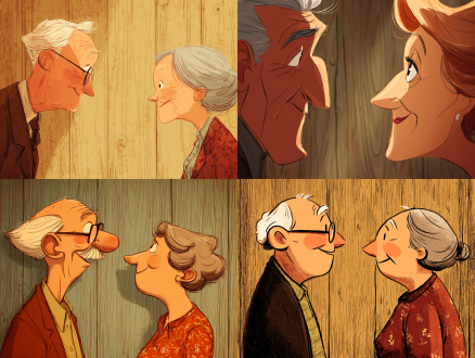 慈眉善目老夫妇近距离对视，卡通风格，木纹背景，红白黑主色调，线条清晰，高像素，柔光，暖色调，近焦镜头，侧脸特写，微笑表情，简约构图，细腻笔触，高对比度，平面设计感，温馨氛围，对称布局