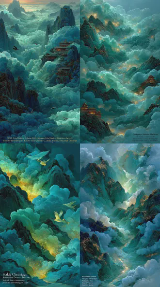 北宋千里江山图风格，青绿山水，月夜场景，玻璃质感的水晶发光山体，金色光点与荧光粒子，仙鹤飞翔，古建筑群，瀑布流云，梦幻空灵氛围，新中式美学，数字艺术3d渲染，宝石纹理，精细细节，8k杰作，青蓝色调，广角镜头，全景构图，柔光，空灵静谧，缥缈仙气。