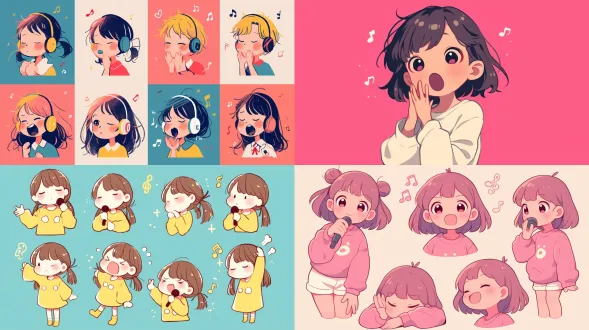 张嘴说话的小人，可爱涂鸦，纯色背景。只要麦克风和音符元素，多姿势表情