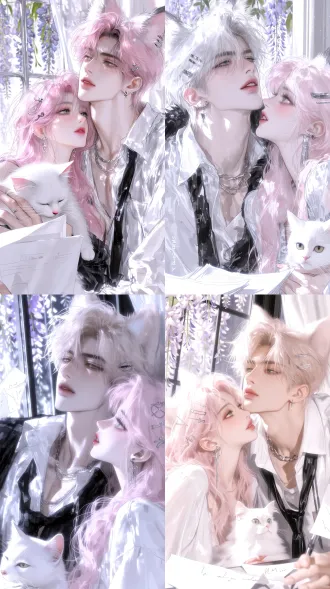 情侣，男生女生都是粉色长发，蓬松发丝，，发丝根根分明泛着光泽，带着狐狸耳朵，和银色耳钉耳夹，多层次的银色项链，绿色泛着淡淡光泽的瞳孔，身穿白色慵懒高定衬衫，外搭黑色的领带，男的靠在窗边看着窗外的紫藤萝花，女抱着一只白色猫，一束光撒在身上，营造浪漫氛围，桌面上的白色稿纸凌乱散落，明亮画面，正视，动漫画风，半厚涂，手绘质感，厚涂，34k，手绘，绝美眼睛，精细笔触，柔和光影，细腻渲染，高清，高刻画，分辨率，设计感，惊艳的五官，完美的脸，细腻的五官刻画，高质量，清透感，哑光质地，锐化，细节完善，手指细化，精致的眼部刻画和手部，正视，正脸，