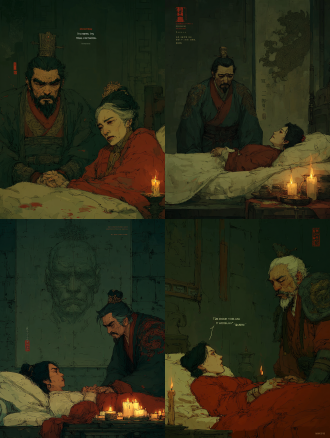 秦宫寝殿，压抑昏暗，老年赵姬卧病榻，面容憔悴泪眼婆娑，颤抖伸手紧抓嬴政手腕，神情凄厉似低语诅咒。嬴政着黑金龙袍，神情冷峻高傲，缓缓抽手嘴角冷笑，目光坚定凌厉如应“朕即天命”。殿内烛火摇曳，墙面投下母子巨大破碎剪影，冷峻悲怆，象征皇权与亲情的肃杀。 古风插画风格，彩色，光影强对比，无文字，细节丰富，荒诞张力兼具历史讽喻感，人文历史，传统文化，中式插画，艺术，东方美学，数字绘画，战国时期，古风古韵，传统美学。