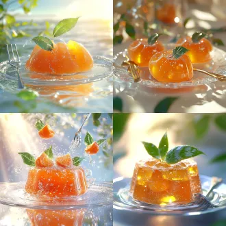 "特写镜头，3d渲染，橙色透明柿子果冻材质，晶莹剔透，表面水珠闪粉，绿色玻璃叶片装饰，金属刀具悬停上方，透明玻璃盘，背景波光粼粼海边，阳光明媚，治愈明亮氛围，8k超清写实，微距摄影，高动态范围，柔和自然光，反光细节，立体感强烈，色彩饱和，清新愉悦。"