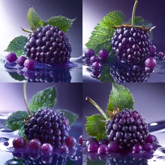 紫黑色黑莓，水珠覆盖，绿叶点缀，置于反光表面，散布小紫浆果，超写实风格，高分辨率，细腻纹理，微距拍摄，柔和散射光，自然色调，清新透亮，湿润质感，层次丰富，静物构图，中心聚焦，细节清晰。