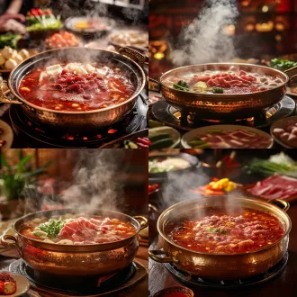 麻辣沸腾的重庆火锅，蒸汽缭绕，红油翻滚，深色木桌，铜锅，鲜嫩肉片蔬菜环绕，暖色调，低角度拍摄，特写镜头，高饱和度，动态模糊，热闹氛围，食客笑脸，传统中式装饰背景，柔和顶光，诱人食欲，烟火气十足。