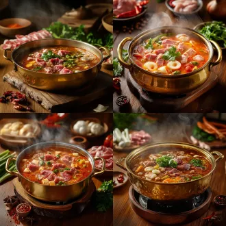 铜锅麻辣汤底，丰富肉块与蔬菜，蒸汽袅袅上升，周围摆满切片肉、蔬菜和调料，木制餐桌，温馨氛围，高质量写实摄影，高饱和度色彩，近距离特写，柔光照明，食物细节突出，温暖色调，食欲诱人。