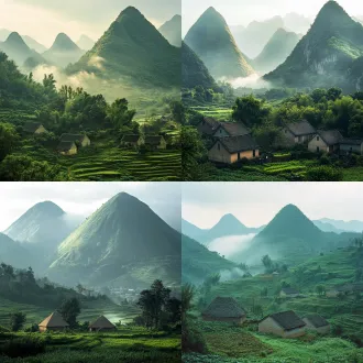 两座高耸的青山矗立在村庄前，峰顶隐没在乳白色薄雾中，稀疏的深绿色植被覆盖灰绿色山坡，山脚下几座低矮的黄褐色茅草屋，清晨阳光斜射，柔和散射光，远景构图，浅景深，自然色调，静谧氛围，微距镜头，低饱和度，薄雾效果，宁静致远。