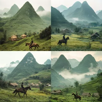 两座高耸青山矗立村庄前，少数民族小伙骑骏马奔驰，峰顶乳白薄雾，稀疏深绿植被覆盖灰绿山坡，山脚黄褐茅草屋，清晨斜射阳光柔和散射光，远景构图浅景深，自然色调静谧氛围，微距镜头低饱和度薄雾效果宁静致远，动态模糊骏马奔腾，民族服饰鲜艳细节，山脉轮廓柔光，雾气氤氲层次感。