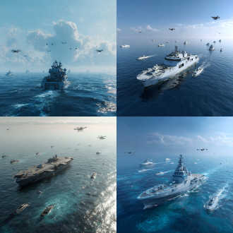 在深蓝的海面上有一艘较大的指挥舰艇，周围有比较小的无人艇，天空中也有数架无人机