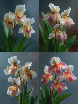 close-up of the entire plant of paphiopedilum fragrans, with arching racemes densely packed with cream-white crepe-like small flowers, pink lips, thick leathery deep green long leaves, aerial roots on natural softboard substrate, delicate golden light at a moment, frond-like leaves casting patchy shadows, photographed in a plant studio, using a sony a7r v camera with a 90mm macro lens, aperture f/5.6, shutter speed 1/160 sec, neutral white balance, ultra-high resolution, petal texture and root hair details are clear, realistic style, 8k quality, soft side lighting, natural composition, delicate texture, tranquil atmosphere, fresh tones