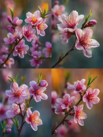 春日粉色桃花盛放枝头嫩绿新叶，暖金色午后阳光透过花瓣，柔和侧逆光，丁达尔光效，浅景深背景虚化，高细节纹理花瓣通透质感，清新自然春日氛围，真实光影无ai痕迹，专业花卉摄影，canon eos r5，f/1.8，50mm镜头，写实风格，8k超高清，温暖色调，宁静情感。