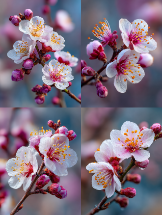 特写杏花，粉白花瓣与嫩芽，柔和逆光，自然纹理，浅景深，纯净背景，8k高清，佳能5d mark iv拍摄，85mm f/1.4镜头，专业花卉摄影，超精细细节，真实光照，无人工痕迹，自然色彩，春日氛围，细腻质感，生动鲜活。