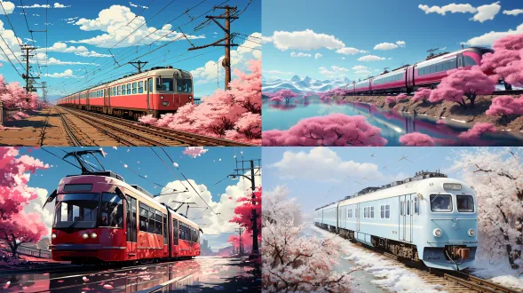 3d，广角，航拍俯拍，泡泡玛特，厚涂，插画海报，低饱和度，开往春天的火车，蓝白色的和谐号名古屋2200系特急电车驶入，周围是粉色的樱花，蔓延向远方的铁轨，梦幻，浪漫，春天