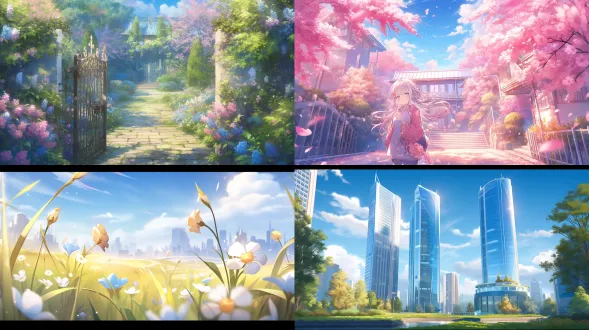 蓝天，有少量建筑物，城市道路两旁有少量花朵和绿植和草地，生机勃勃的春天，色彩丰富，有明亮的光线， 竖图，背景清爽自然，梦幻插画风