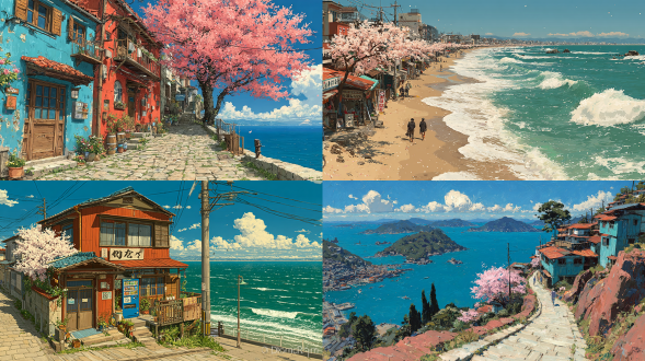 云边小镇蜿蜒山路连绵樱花，海滨背景碧蓝大海白云远山，散落房屋晴朗天气明亮阳光，宫崎骏风格童话氛围，广角镜头柔光温暖色调，细腻笔触高饱和度清新色彩，微风吹拂樱花飘落，怀旧感觉低对比度层次丰富，生机勃勃自然和谐宁静祥和梦幻场景，动画质感柔和阴影，明亮欢快，童话般治愈。