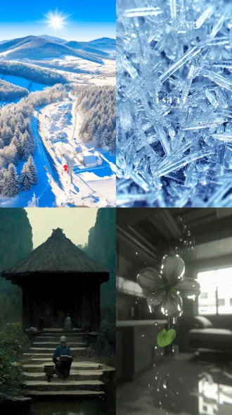 大雪初霁，寒枝缀雪凝霜，素白梅朵半掩其间，远山如黛横亘天际，对称构图，户外写实风格，广角镜头，顶光漫洒，雪粒莹光，32k画质，清透细节，静穆氛围，冷色调，高清晰度，自然光影，细腻纹理，空灵意境，无瑕雪景，梅枝肌理，澄澈灵秀。