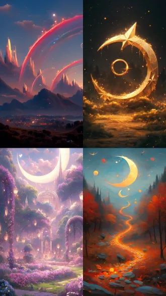 "月亮与森林，梦美风格星艺团ep封面，深邃夜空，深紫与金红色调，荧光效果，全局光照，发光特效，写实光影，精致幻想世界，数字绘画，暖色搭配，明亮色彩，闪烁星空，夜景，夜核主题，洒金效果，仙光，超广角镜头，超高分辨率，大尺寸风景，梦幻氛围，星辰点缀，神秘感，浪漫情感"