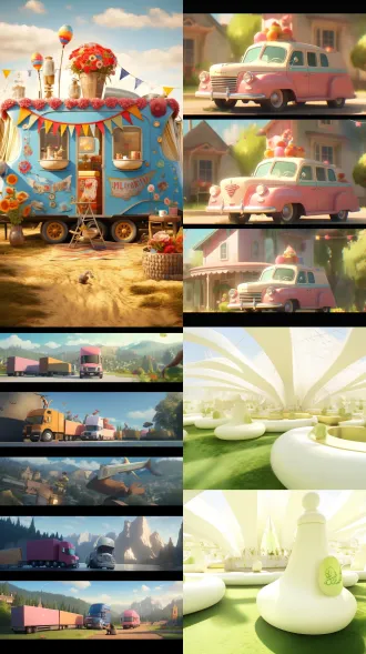 绿色草地上广告场景，拖车与车辆摆放产品，小型店铺设计，可爱卡通风格，梦幻视觉效果，软雕塑装饰，网络摄像头视角，明亮色彩，大胆形状，花朵点缀，捕捉瞬间，细腻光泽，3d渲染，阳光明媚，鲜艳配色，超高画质，前景虚化，广角镜头，柔光照射，午后光线，动态构图，欢乐氛围。