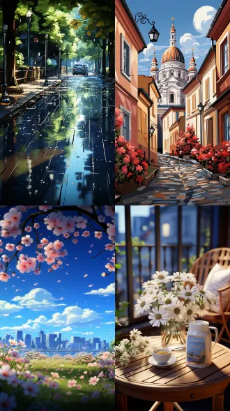 蓝色天空，几栋建筑，城市道路点缀着鲜花、绿植和草地，明媚春天，色彩丰富，明亮光线，竖构图，清新自然背景，梦幻插图风格，高饱和度，广角镜头，柔焦效果，逆光，温暖色调，微风轻拂，生机勃勃，愉悦氛围